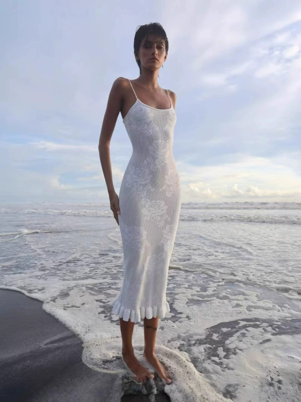 Zara Knitted Hollow Out Spaghetti Strap Beach Cover Up Maxi Dress White